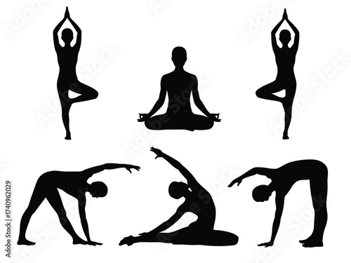 Scalable vector illustration set of diverse yoga poses for health and wellness eps format silhouette vector illustration white background