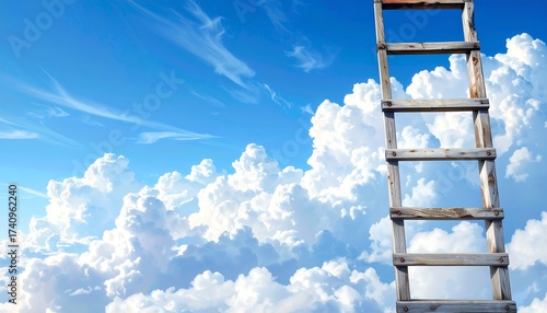Wooden Ladder Ascending into the Blue Sky and Fluffy White Clouds
