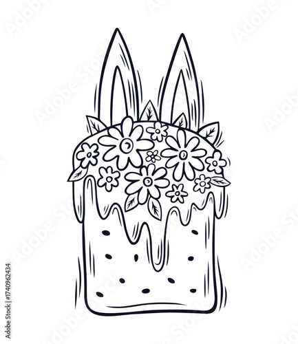 Easter cake with white icing, decorated with flowers and leaves. Traditional Easter baking. Element for poster, flyer, postcard, cover, advertising design. Vector illustration in doodle style