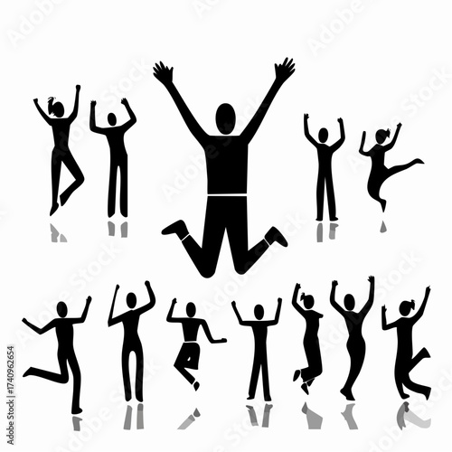 Energetic silhouettes of People: Capturing the joy and movement, a collection of silhouette people expressing vibrant energy through jumping and uplifting gestures.