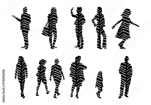 Vector illustration, Outline silhouettes of people, Contour drawing, people silhouette, Icon Set Isolated , Silhouette of sitting people, Architectural set