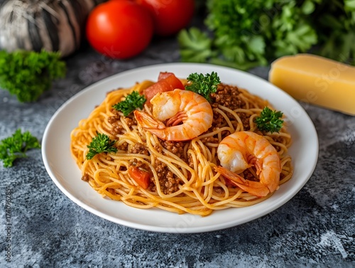 Delicious spaghetti bolognese with shrimp and parsley garnish served on a plate