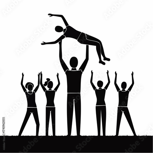Team Lift Silhouette: A graphic silhouette shows the powerful dynamics of collaboration, with a figure being lifted high, symbolizing shared support and collective triumph, with pure, simple lines.