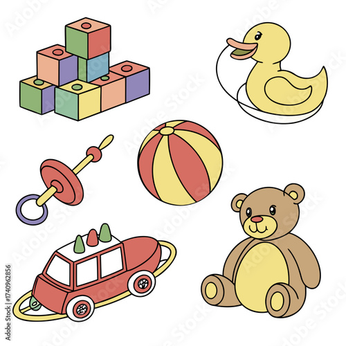 A collection of colorful and classic baby toys including blocks a rubber duck a rattle a ball a toy car and a teddy bear