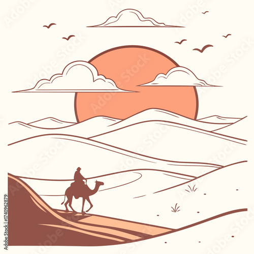 A lone traveler rides a camel across rolling desert dunes under a large sun and scattered clouds