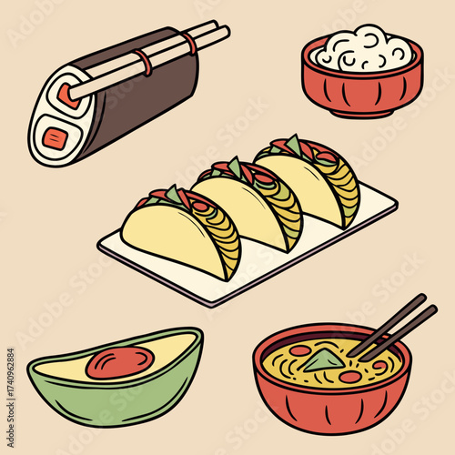 A colorful isometric illustration of popular international foods including sushi tacos rice soup and avocado