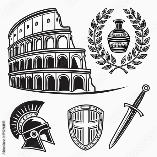 Ancient roman colosseum with gladiator helmet sword shield and laurel wreath with vase