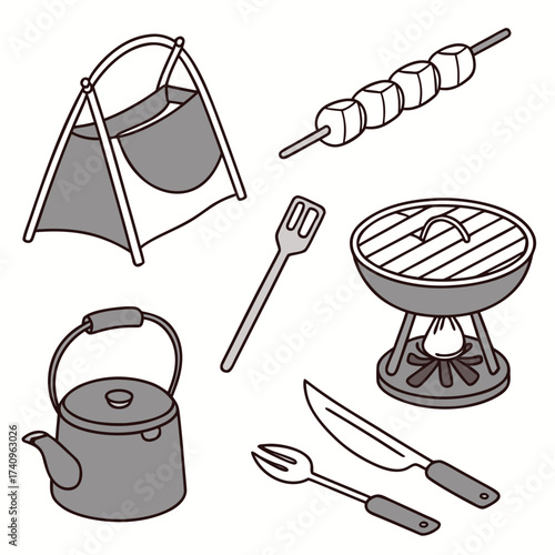 Collection of camping and barbecue items including a grill kettle tent skewers and cutlery