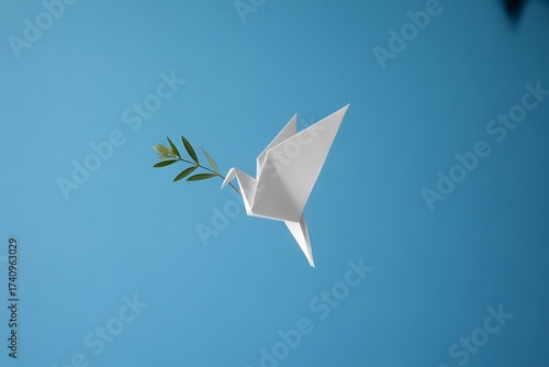 Elegant origami peace dove with fresh green olive branch soaring through clear blue sky, symbolizing hope and serenity for global harmony