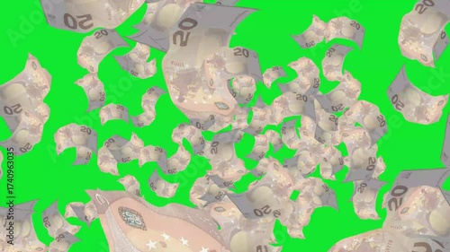 Set Of US Dollar, Euro, Japanese Yen, Pound Sterling, Australian Dollar Banknotes Expolosion With Green Screen