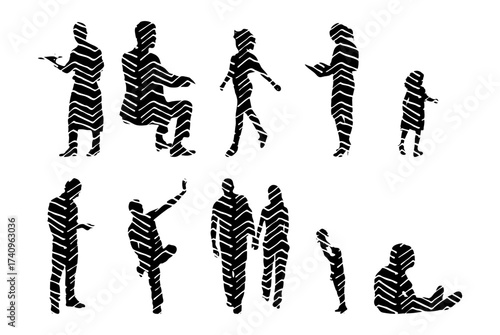 Vector illustration, Outline silhouettes of people, Contour drawing, people silhouette, Icon Set Isolated , Silhouette of sitting people, Architectural set
