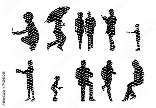 Vector illustration, Outline silhouettes of people, Contour drawing, people silhouette, Icon Set Isolated , Silhouette of sitting people, Architectural set