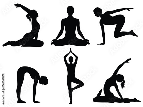 Diverse yoga poses silhouette illustration scalable vector graphics for health and wellness projects silhouette vector illustration white background