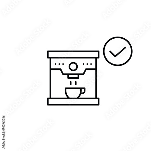 Coffee machine and checkmark. Approved kitchen and restaurant equipment. Pixel perfect, editable stroke vector icon