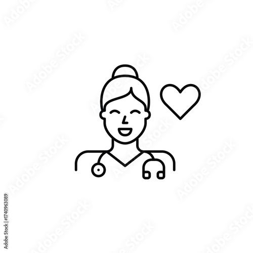 Female doctor with stethoscope and heart. Medical excellence, trusted healthcare. Pixel perfect, editable stroke vector icon