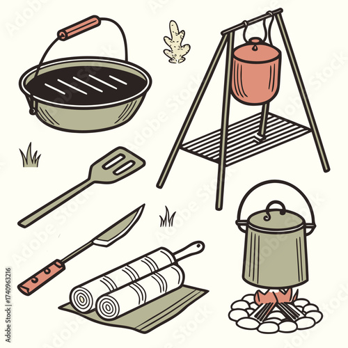 Collection of hand drawn camping cooking utensils and equipment including grill pot spatula knife and fire pit