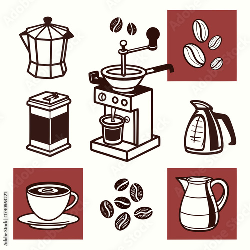 Collection of hand drawn coffee making equipment and ingredients including a moka pot coffee grinder and coffee beans