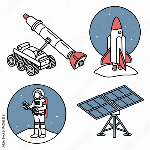 Collection of hand drawn space exploration elements including astronaut rocket rover and solar panels