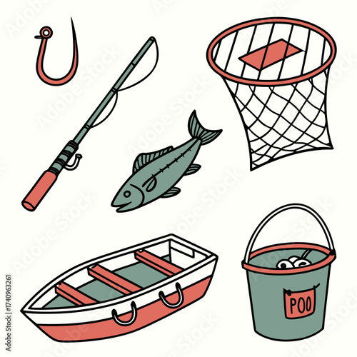Collection of hand drawn fishing equipment including a boat fish rod hook net and bucket