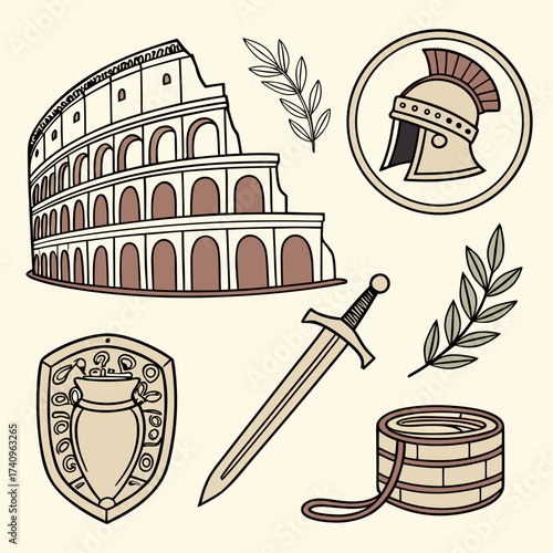 Collection of roman empire icons featuring the colosseum gladiator helmet sword shield and laurel wreaths