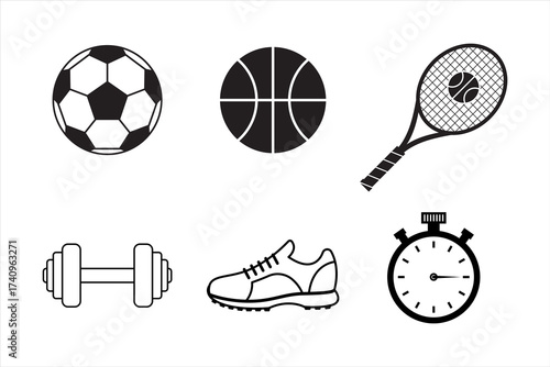 Set of Sports Icons Soccer Ball, Basketball, Tennis Racquet, Dumbbell, Running Shoe, and Stopwatch for Fitness and Athletic Activities