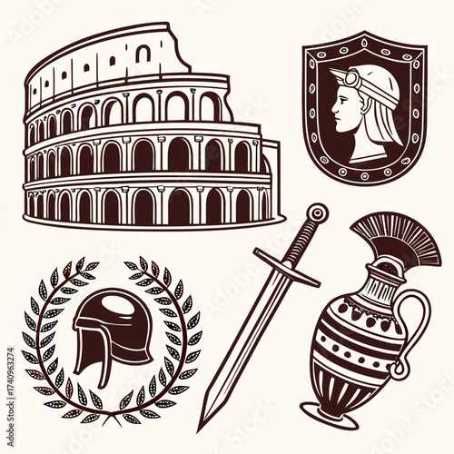 Collection of roman empire symbols including the colosseum shield with profile sword helmet laurel wreath and amphora