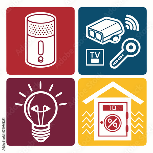 Collection of smart home technology icons featuring a speaker lightbulb security camera and a smart lock