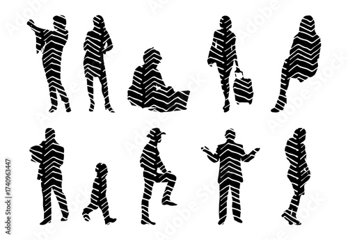 Vector illustration, Outline silhouettes of people, Contour drawing, people silhouette, Icon Set Isolated , Silhouette of sitting people, Architectural set