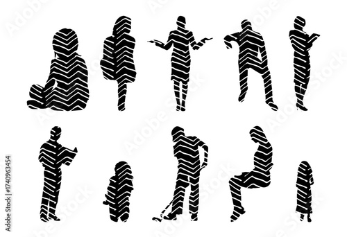 Vector illustration, Outline silhouettes of people, Contour drawing, people silhouette, Icon Set Isolated , Silhouette of sitting people, Architectural set