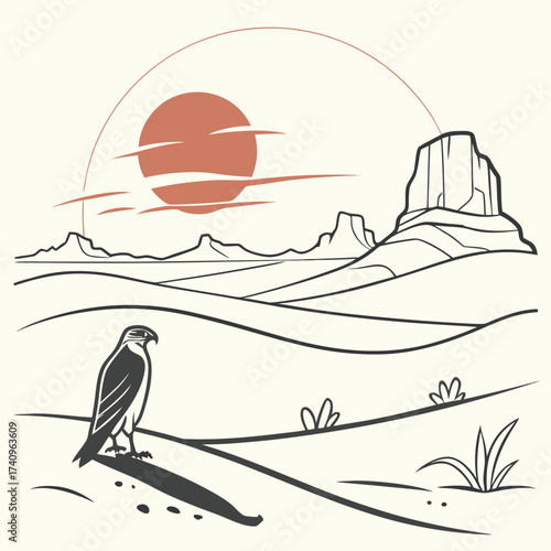 Stylized desert landscape with a majestic falcon perched under a warm sun and distant mesas