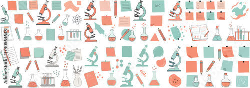 Colorful scientific illustrations featuring microscopes, lab equipment, and notes.