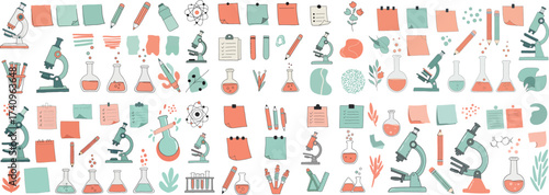 Colorful science-themed illustrations featuring microscopes, lab equipment, and notes.