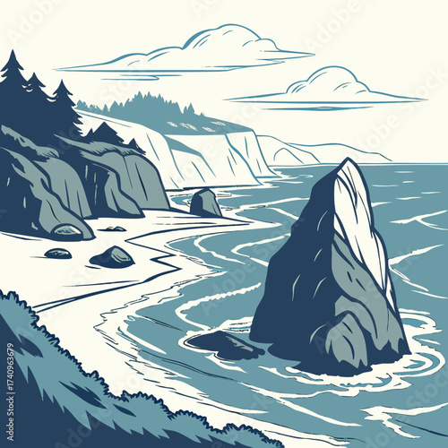 Stylized illustration of a rocky coastline with crashing waves and distant cliffs under a cloudy sky