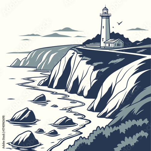 Stylized illustration of a coastal lighthouse standing tall on a cliff overlooking the ocean with waves and rocks