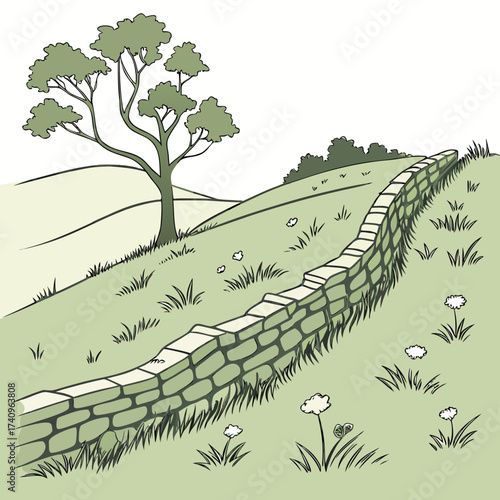 A charming illustration of a stone wall winding through a grassy hillside with a lone tree and wildflowers