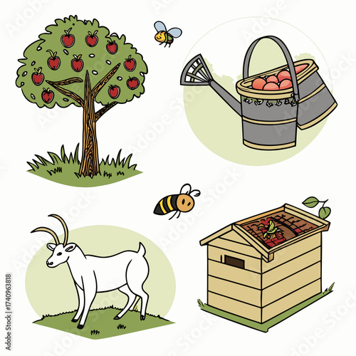 Whimsical farm scene with apple tree watering can goat bees and compost bin