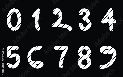 Set of white outlined numbers from zero to nine with diagonal stripes pattern