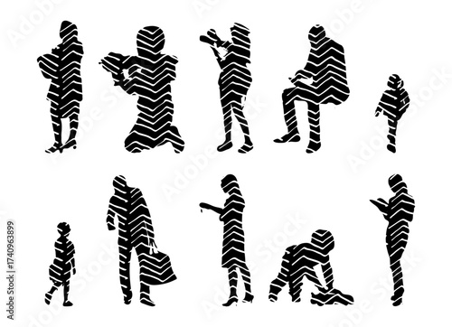 Vector illustration, Outline silhouettes of people, Contour drawing, people silhouette, Icon Set Isolated , Silhouette of sitting people, Architectural set