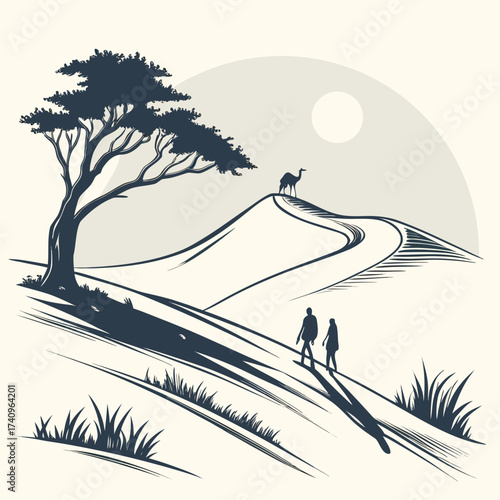 Silhouetted figures walk across sand dunes under a lone acacia tree with a camel on a distant hilltop