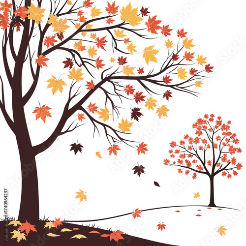 Stylized autumn trees with falling maple leaves in warm fall colors on a white background