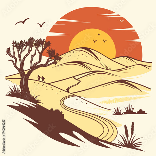 Stylized desert landscape with rolling sand dunes a lone joshua tree and two figures walking towards the sunset