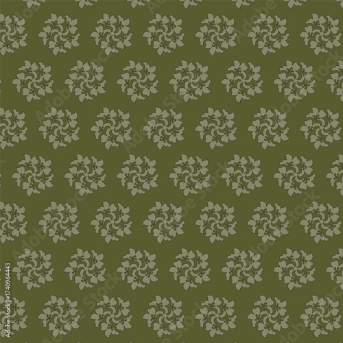 Seamless pattern with abstract circular floral motifs. A sophisticated and modern design in a monochromatic olive green color palette. Ideal for textiles, wallpaper, and elegant backgrounds