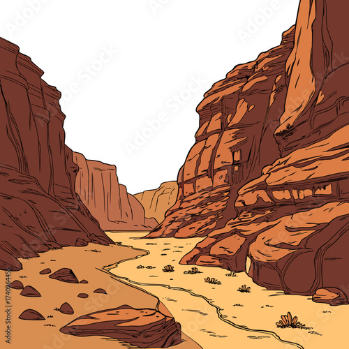 Stylized illustration of a winding desert canyon with towering sandstone cliffs and a dry riverbed