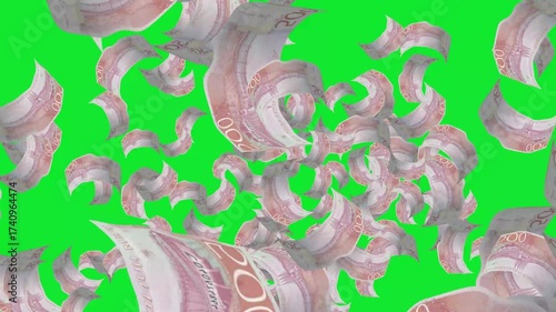 Set Of Singaporean Dollar, Swedish Krona, South Korean Won, Norwegian Krone And Mexican Peso Banknotes Explosion With Green Background