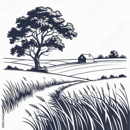 Stylized ink drawing of a solitary tree in a rolling landscape with a distant farmhouse and tall grass in the foreground