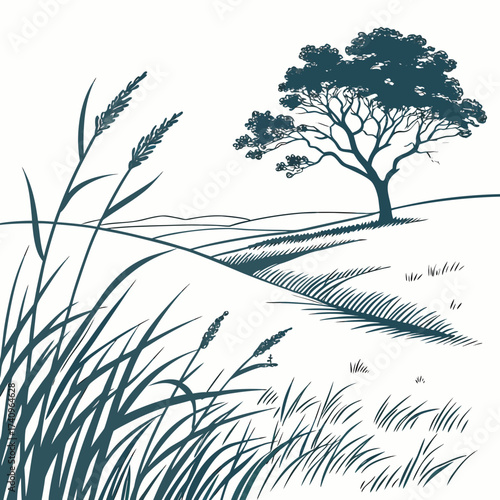 Stylized silhouette of a lone tree and tall grasses against a rolling hill landscape