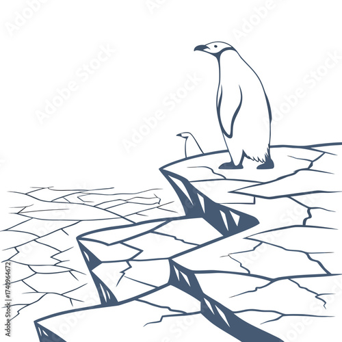 Two penguins stand on a cracked ice floe overlooking a frozen ocean under a white sky