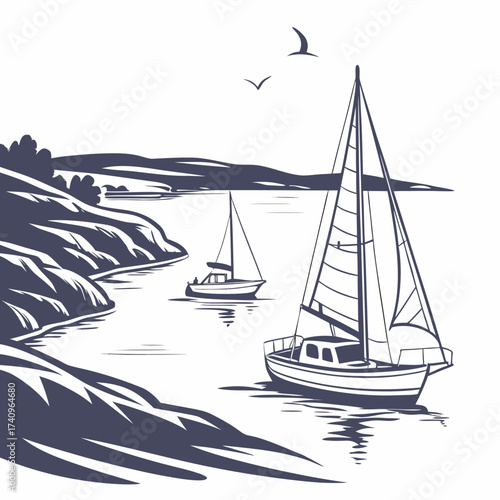 Two sailboats navigate calm waters near a rocky coastline with birds flying overhead