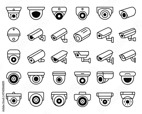 Diverse collection of scalable black and white security camera vector illustrations for eps export silhouette vector illustration white background