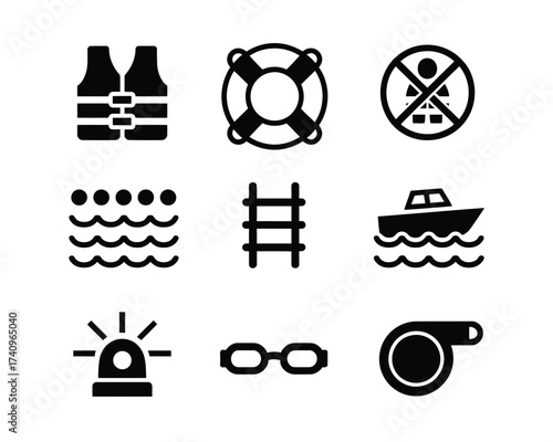 Set of 9 black and white water safety icons vector illustration scalable eps for rescue and marine applications silhouette vector illustration white background